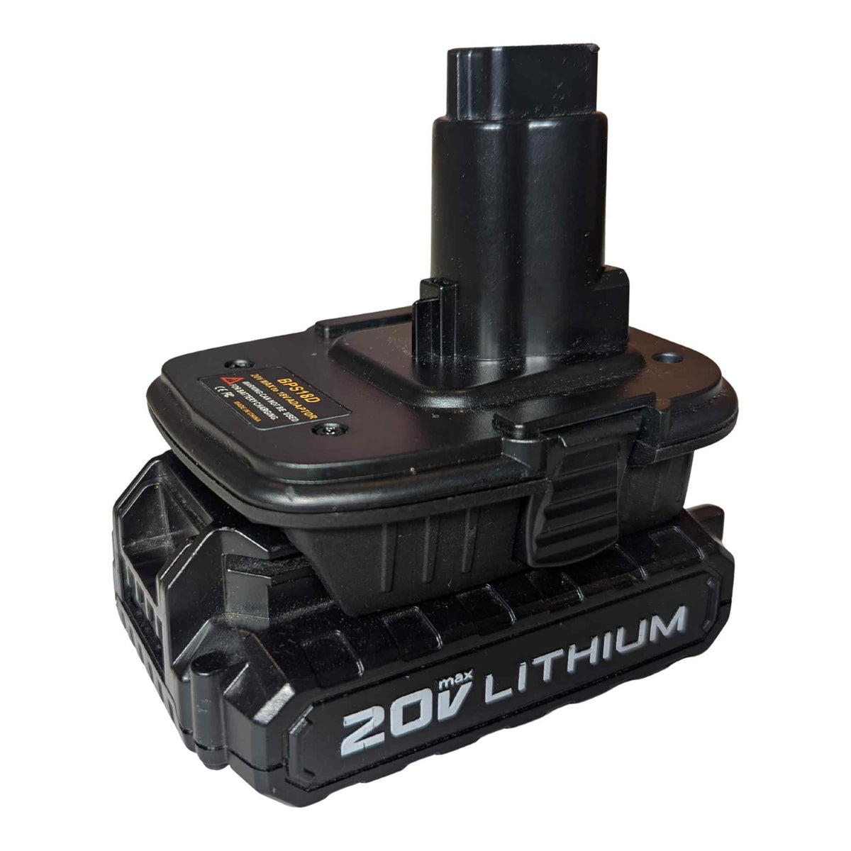 Porter Cable 20V to DeWalt 18V Ni-Cd battery adapter - fitted to the Porter Cable 20V battery, tool-side post upward