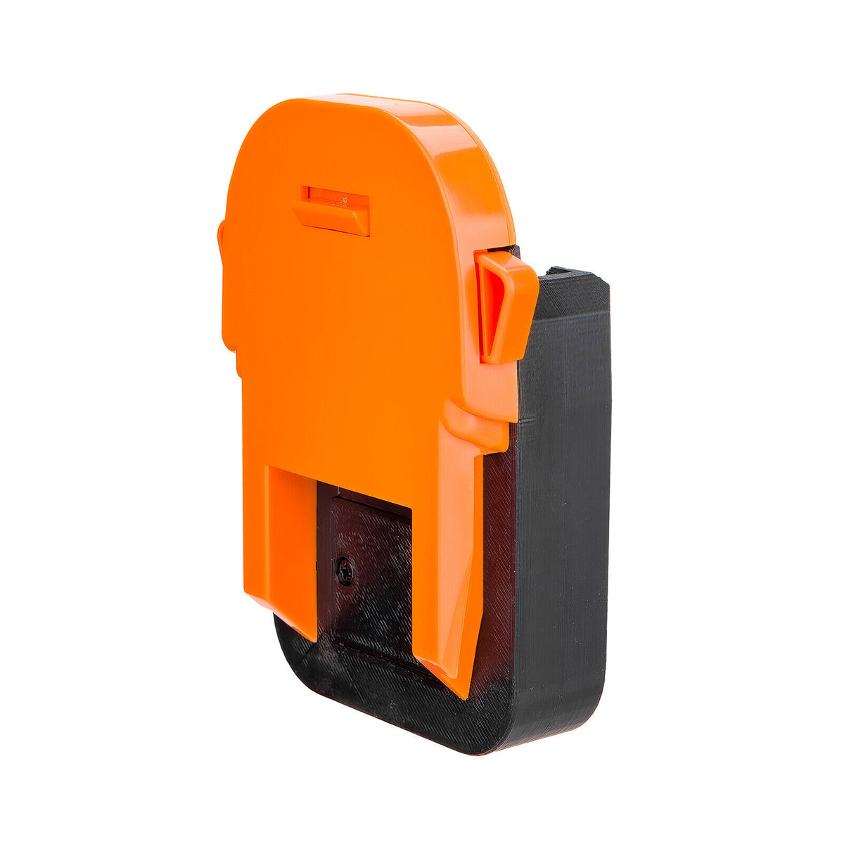 Porter Cable 20V to RIDGID 18V battery adapter - side view, orange tool side over the black battery-side base, release latch