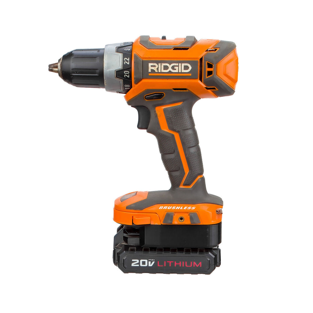 Porter Cable 20V to RIDGID 18V battery adapter - installed on a RIDGID drill driver, battery attached below