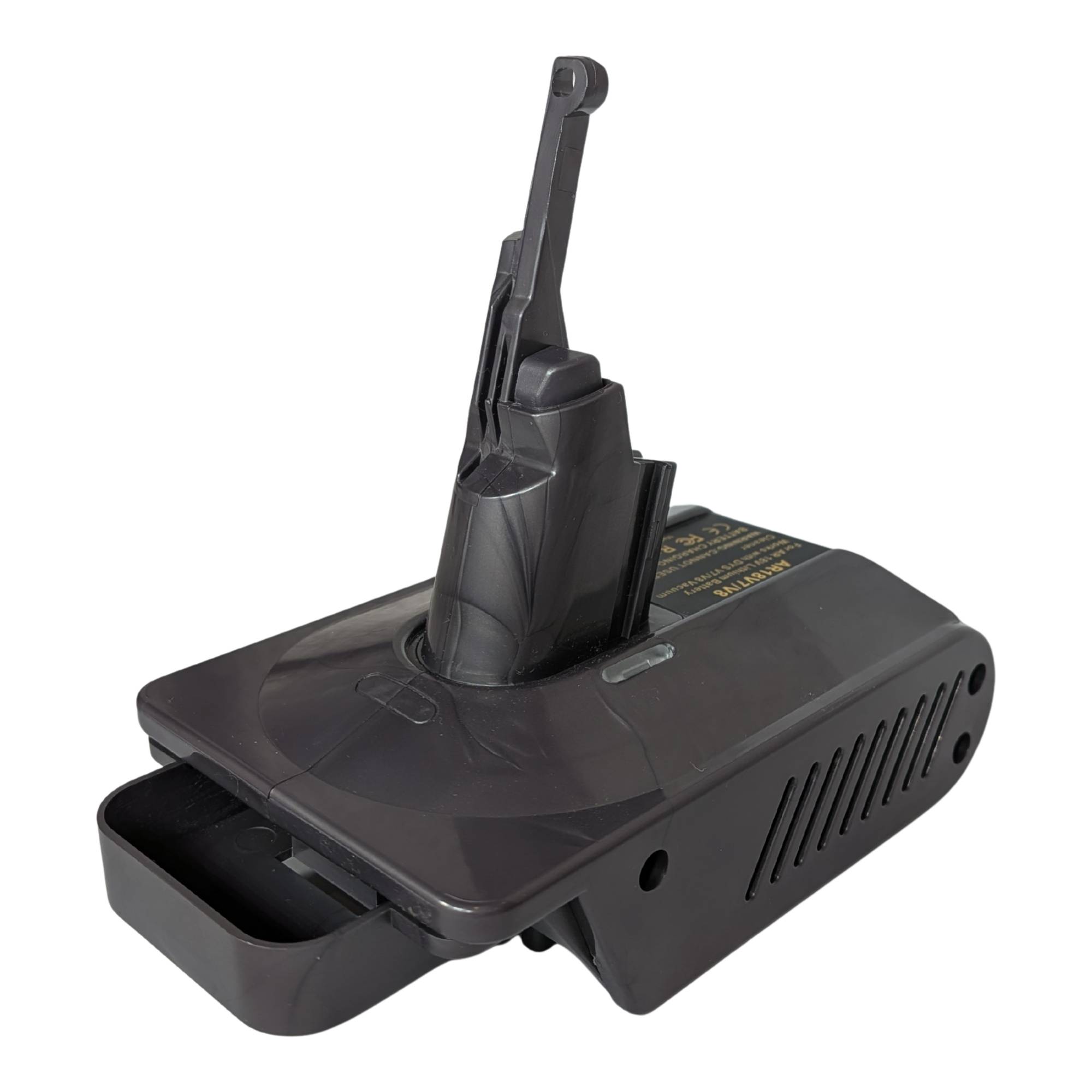 RIDGID 18V to Dyson V7 battery adapter - Dyson tool-side connection, side vent grille and warning label, battery-side channel