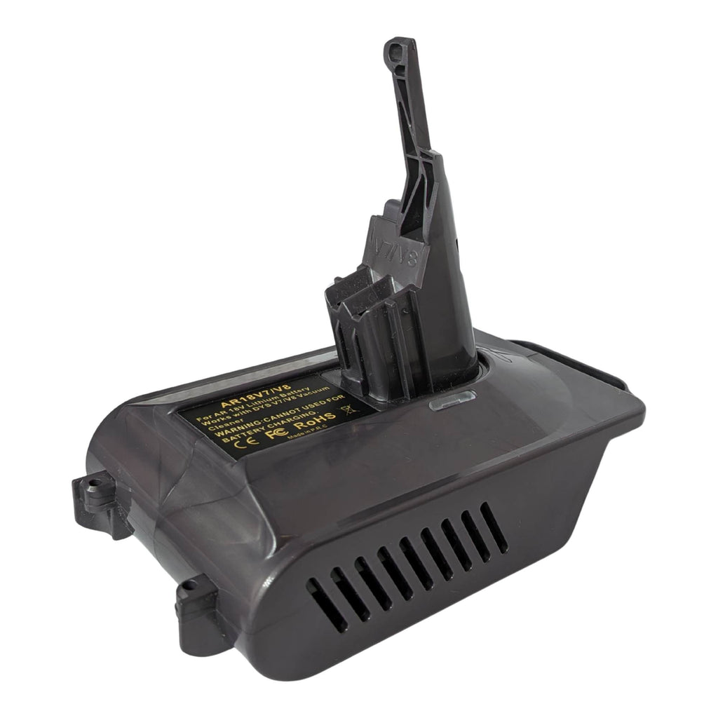RIDGID 18V to Dyson V7 battery adapter - Dyson tool-side connection, stem and release catch, warning label and vent grille
