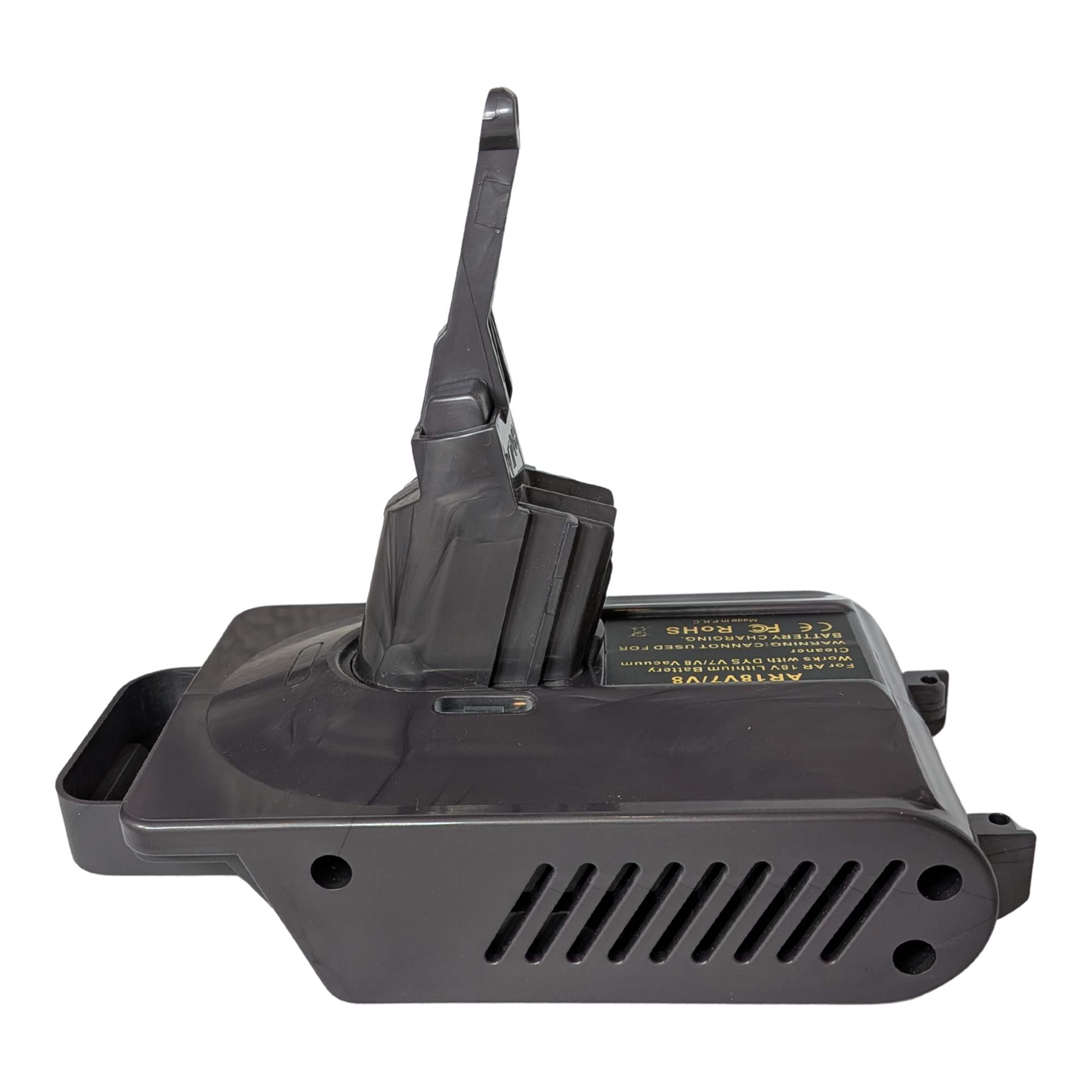 RIDGID 18V to Dyson V7 battery adapter - side view showing the Dyson tool-side stem, vent grille and warning label