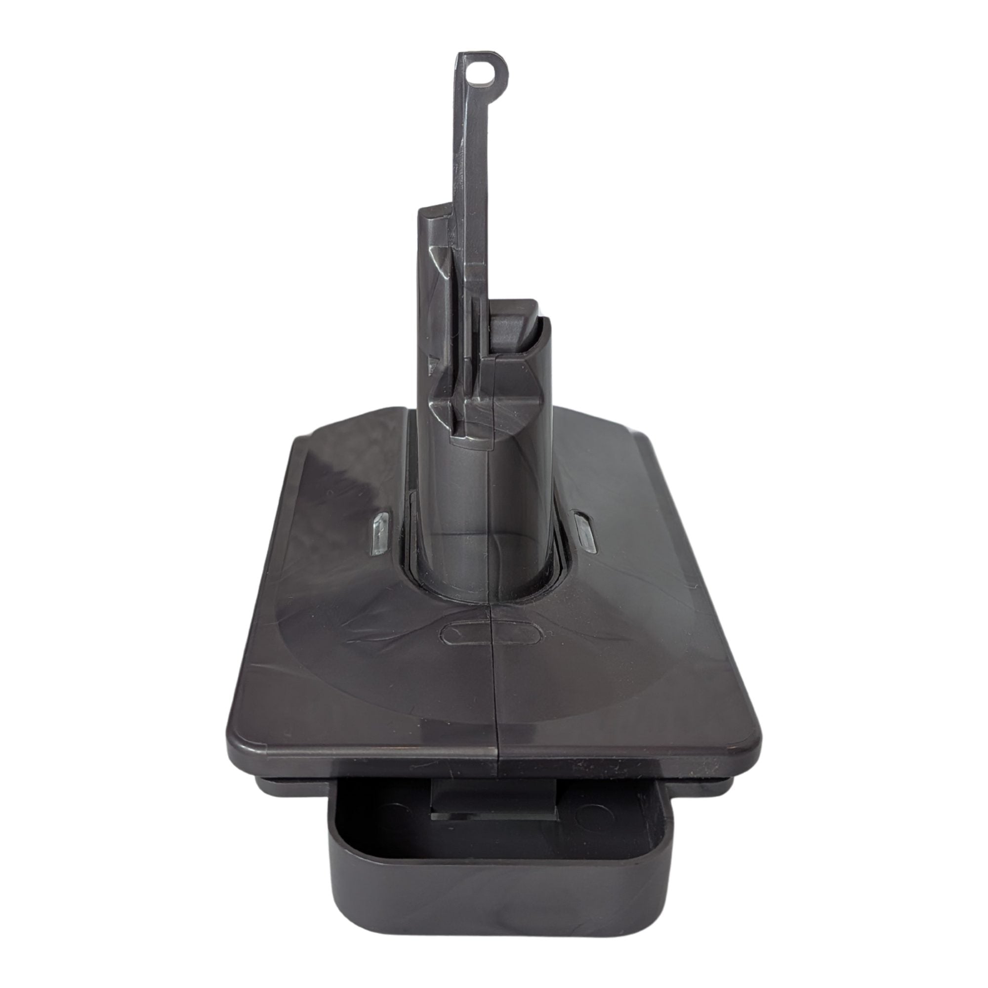 RIDGID 18V to Dyson V7 battery adapter - end view, Dyson tool-side stem centred above the battery-side channel