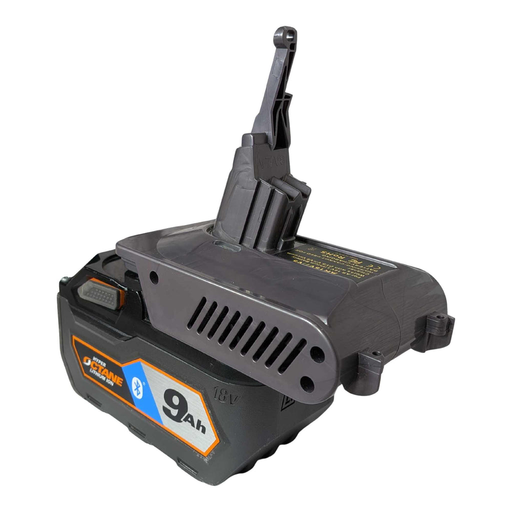 RIDGID 18V to Dyson V7 battery adapter - fitted to the RIDGID 18V battery, Dyson tool-side stem upward, side vent grille