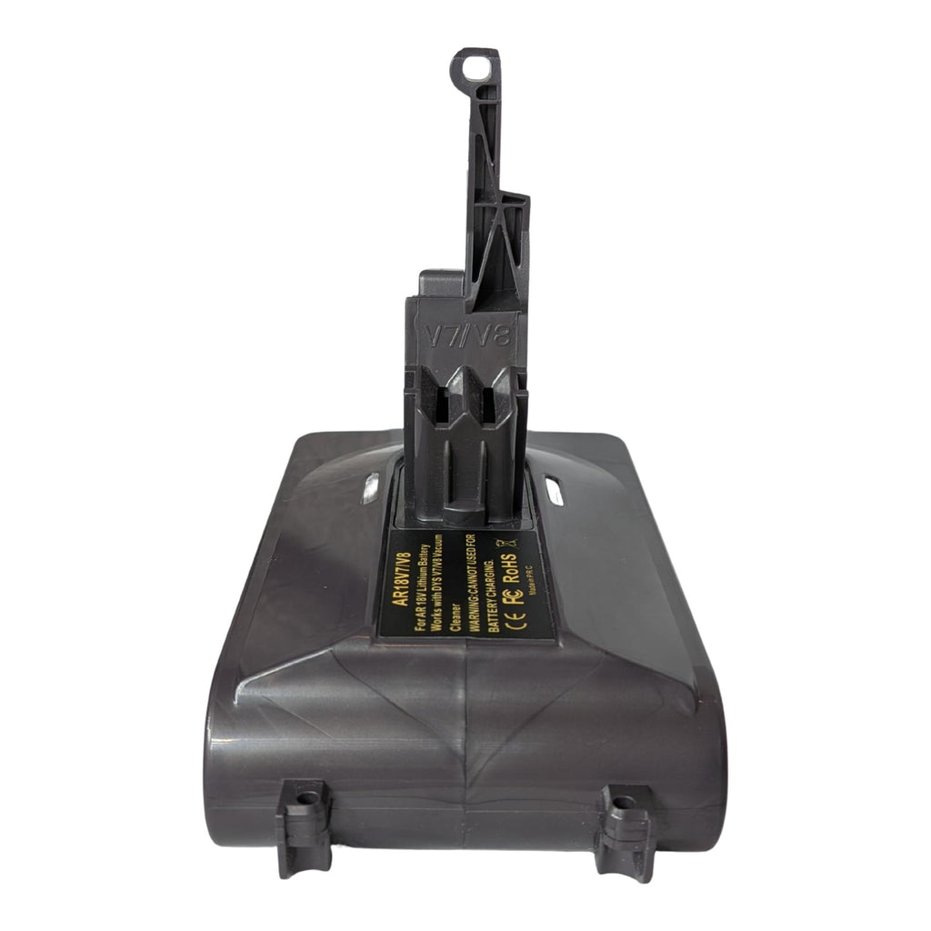 RIDGID 18V to Dyson V7 battery adapter - rear view of the Dyson tool-side stem and release catch, battery-side lugs