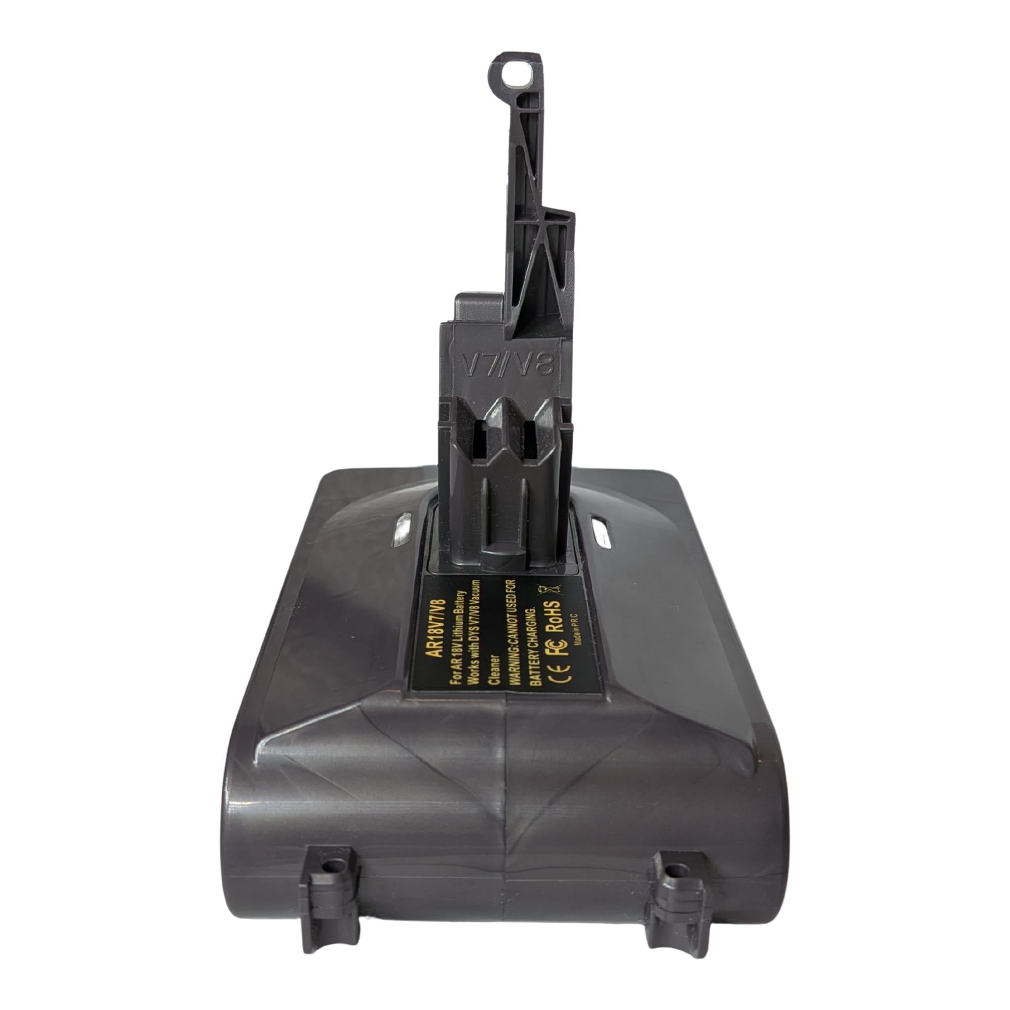 RIDGID 18V to Dyson V7 battery adapter - rear view of the Dyson tool-side stem and release catch, battery-side lugs