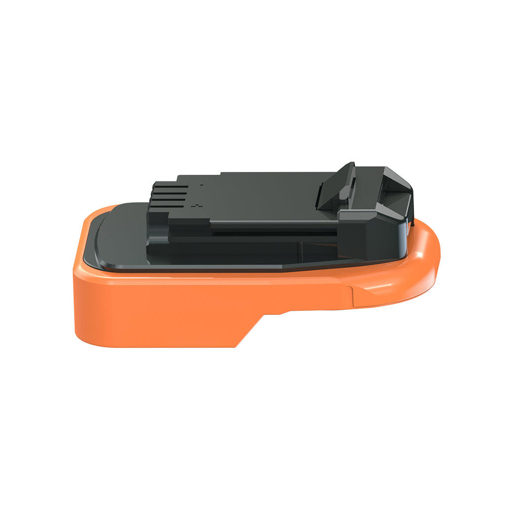RIDGID 18V to Craftsman 20V Bolt-On battery adapter - side view, tool-side connection above the orange body