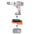 RIDGID 18V to Craftsman 20V Bolt-On battery adapter - compatibility diagram showing battery, adapter and drill driver
