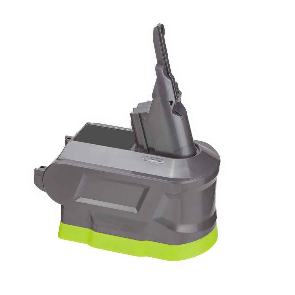 Ryobi 18V ONE+ to Dyson V7 battery adapter - tool-side post and release latch, three-quarter view