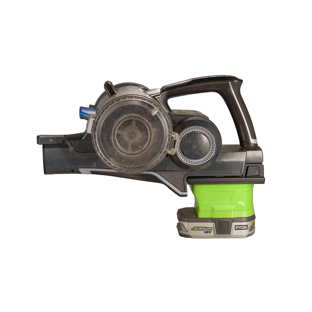 Ryobi 18V ONE+ to Hoover 20V ONEPWR battery adapter - installed on a stick vacuum, battery fitted, side view