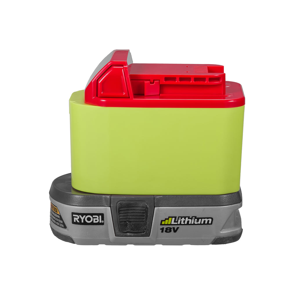 Ryobi 18V ONE+ to Milwaukee M18 battery adapter - fitted to the Ryobi 18V ONE+ battery, Milwaukee tool-side connection upward