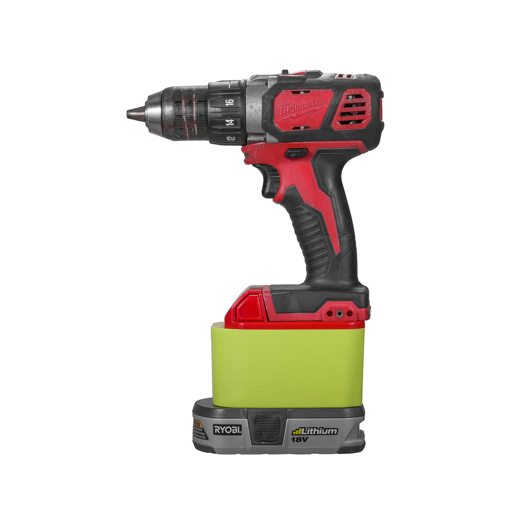Ryobi 18V ONE+ to Milwaukee M18 battery adapter - installed on a drill with the battery fitted below