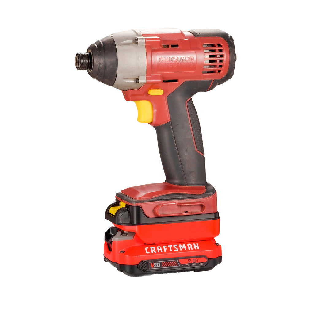 Stanley V20 to Chicago Electric 18V battery adapter - installed on an impact driver, seated on a battery pack