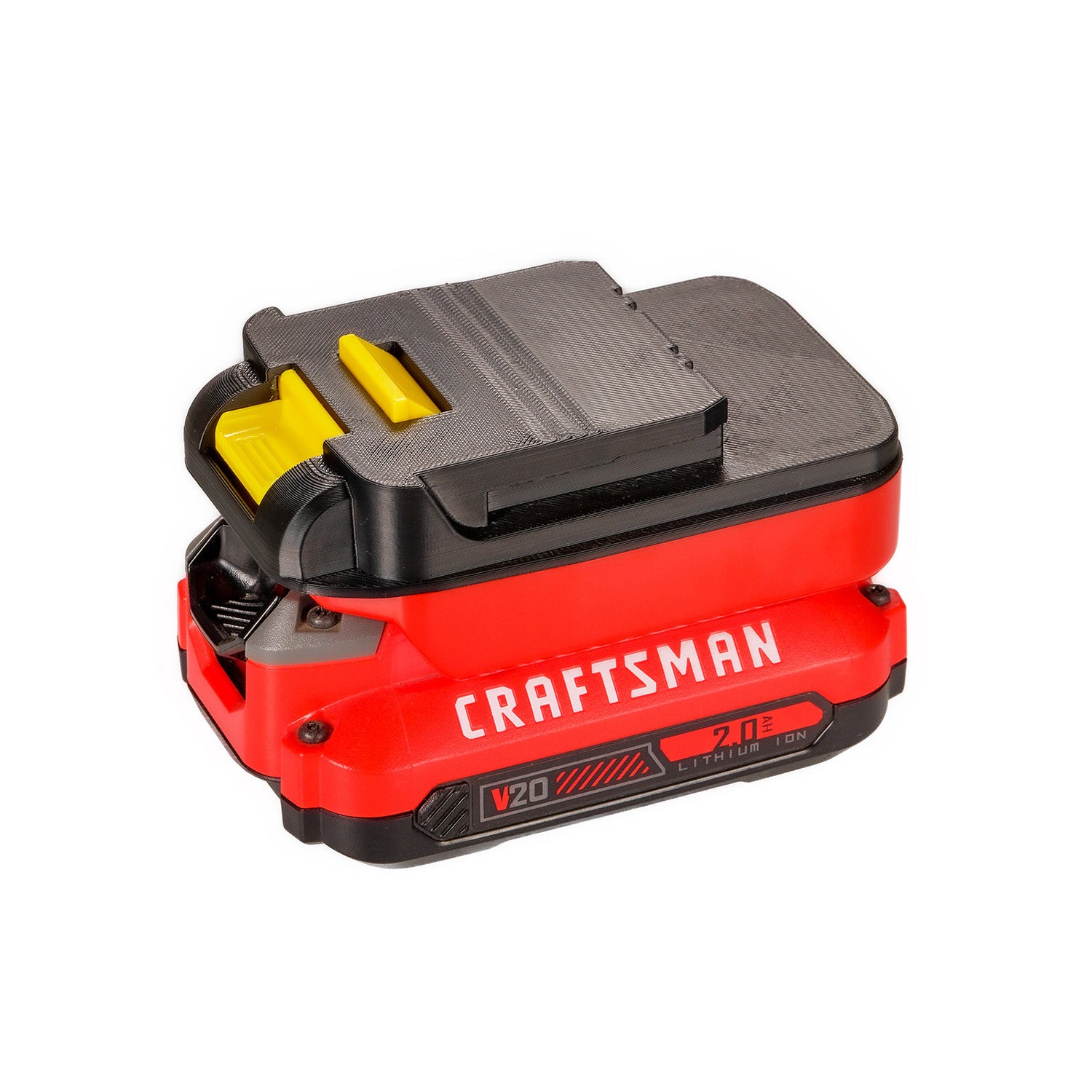 Stanley V20 to Chicago Electric 18V battery adapter - seated on a battery pack, tool-side connection facing up