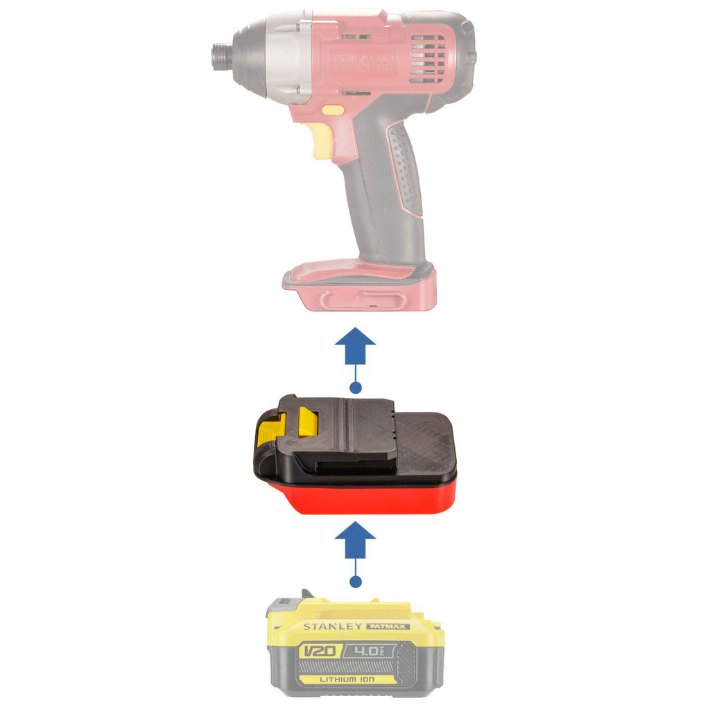 Stanley V20 to Chicago Electric 18V battery adapter - compatibility diagram showing battery, adapter and impact driver