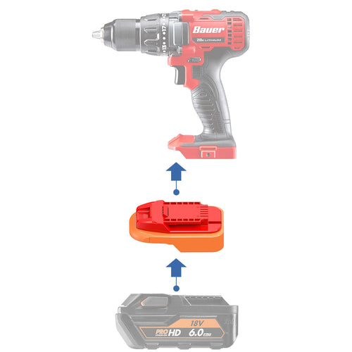 AEG 18V to Bauer 20V battery adapter - compatibility diagram showing battery, adapter and drill