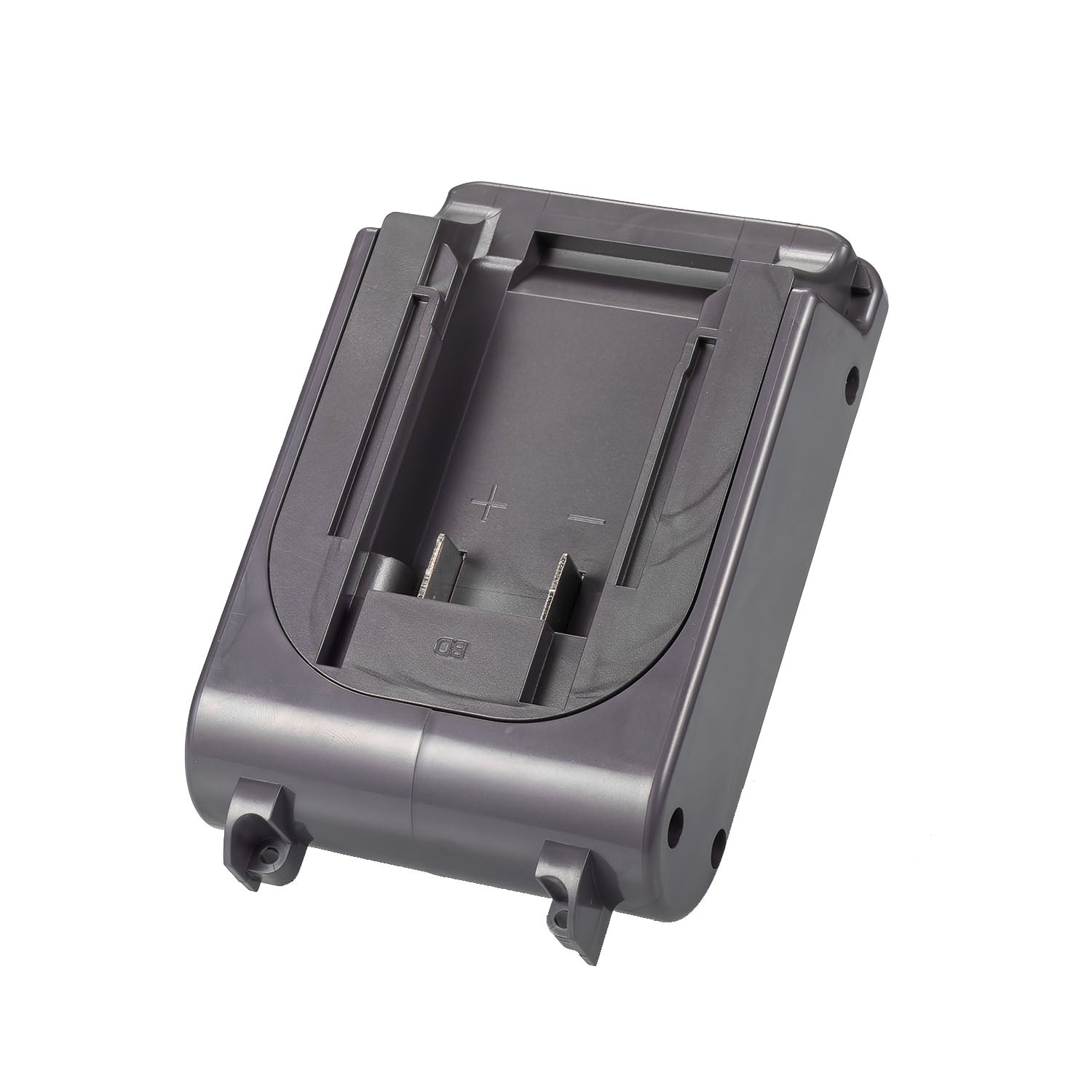 Black and Decker 20V to Dyson V7 battery adapter - battery-side connection, twin copper blades and molded polarity marks