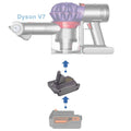Black and Decker 20V to Dyson V7 battery adapter - compatibility diagram showing battery, adapter and cordless stick vacuum