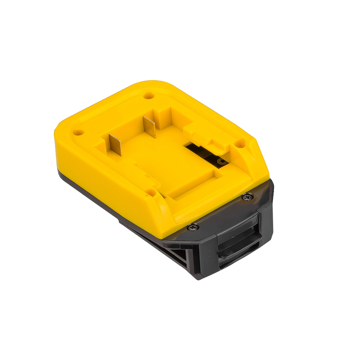Hercules 20V to Porter Cable 18V Ni-Cd battery adapter - battery-side connection, twin terminal blades in the yellow pocket