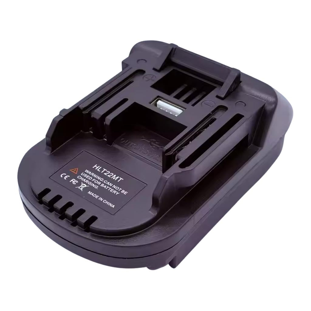 Hilti 22V to Makita 18V LXT battery adapter - side view showing both connections, tool-side face and USB port uppermost