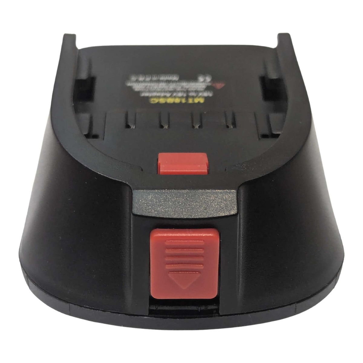 Makita 18V LXT to Bosch 18V PBA (Green) battery adapter - end view with the tool-side release catch above the battery-release