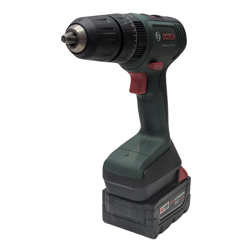 Milwaukee M18 to Bosch 18V PBA (Green) battery adapter - installed on a drill driver above the battery