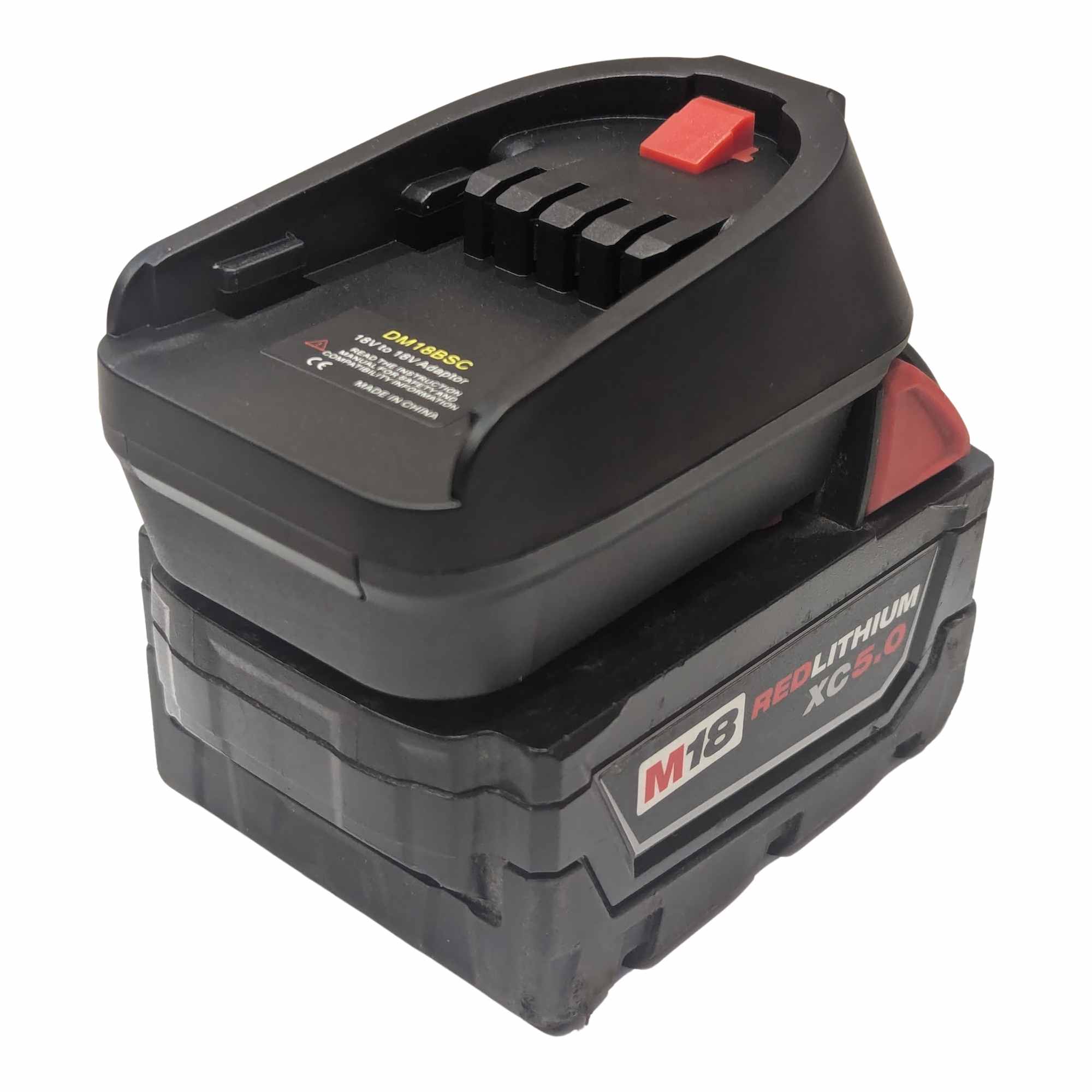 Milwaukee M18 to Bosch 18V PBA (Green) battery adapter - fitted to the battery, tool-side contact block and the printed label