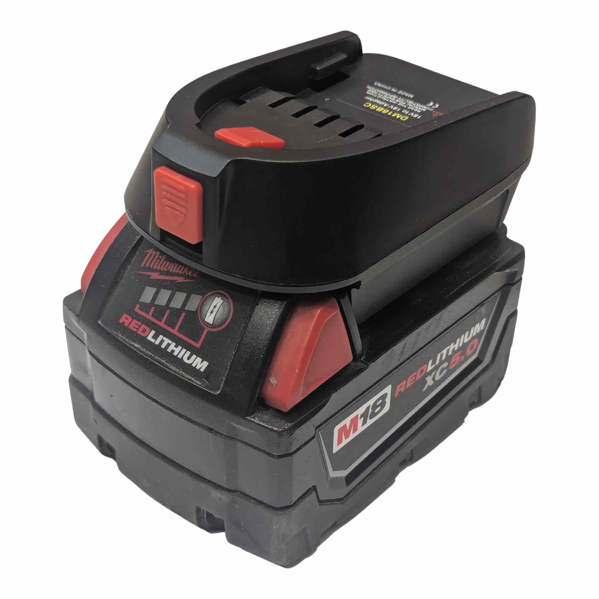 Milwaukee M18 to Bosch 18V PBA (Green) battery adapter - fitted to the battery, tool-side contact block and release catch