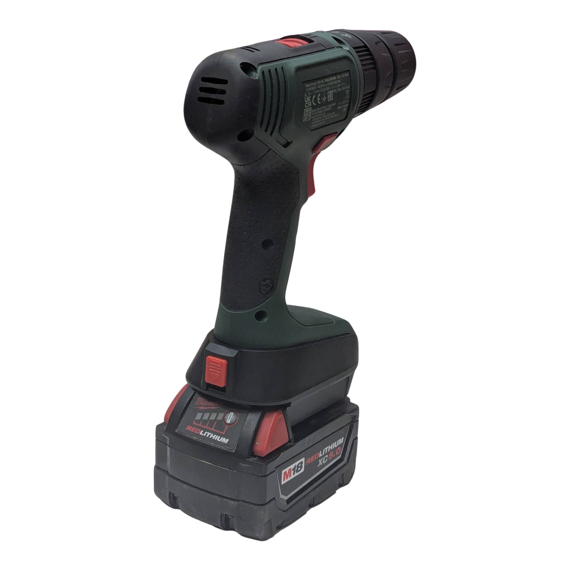 Milwaukee M18 to Bosch 18V PBA (Green) battery adapter - installed on a drill driver above the battery