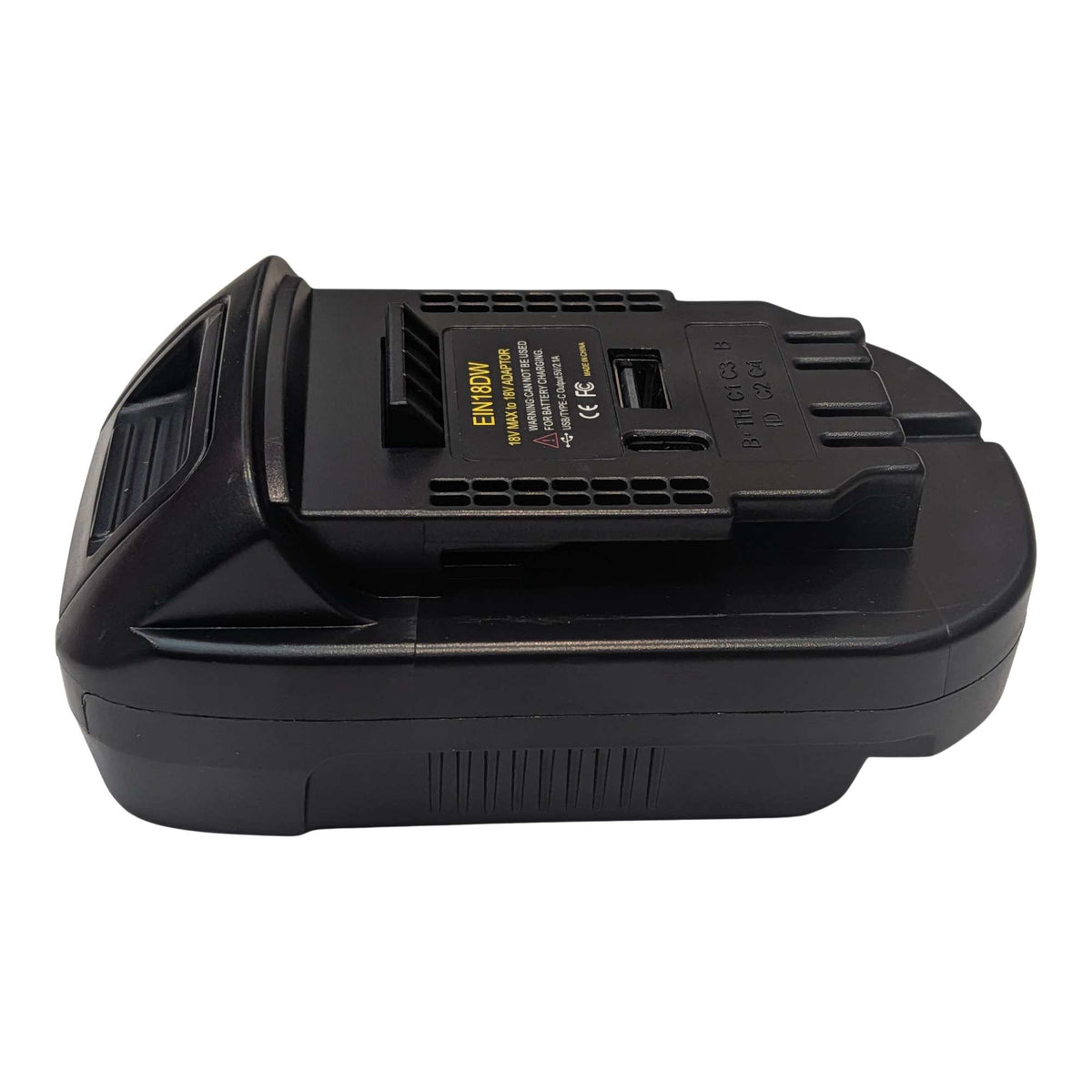 Ozito 18V PXC to DeWalt 20V MAX battery adapter - side view showing the DeWalt tool-side connection and the USB ports