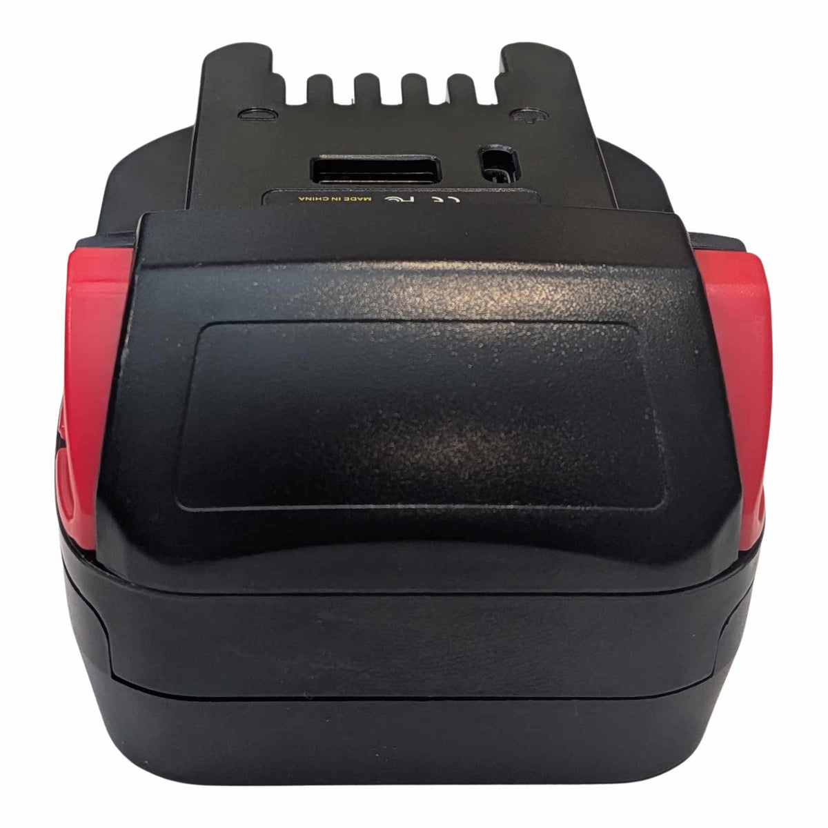 Ozito 18V PXC to Milwaukee M18 battery adapter - front view with the Milwaukee tool-side plate and USB-A port above