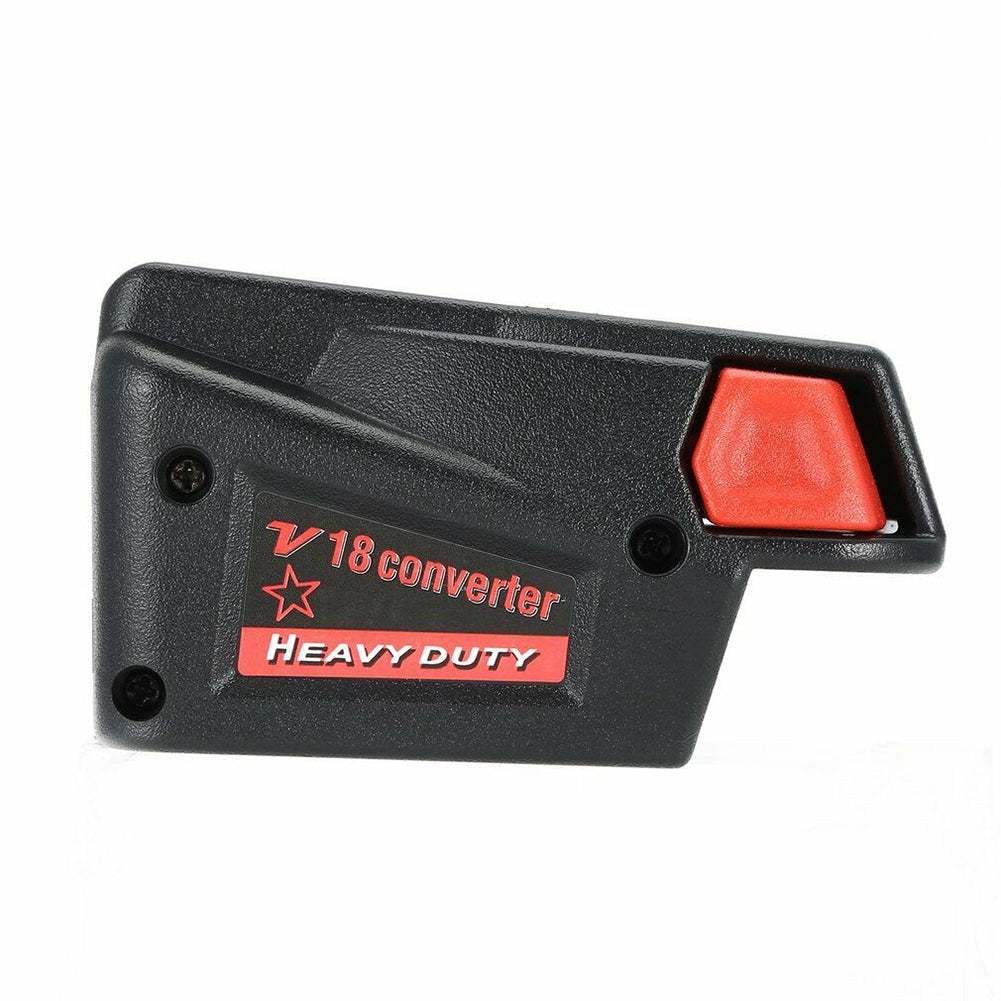 Milwaukee M18 to Milwaukee V18 Ni-Cd battery adapter - side view of the molded ABS shell, release button and three screws