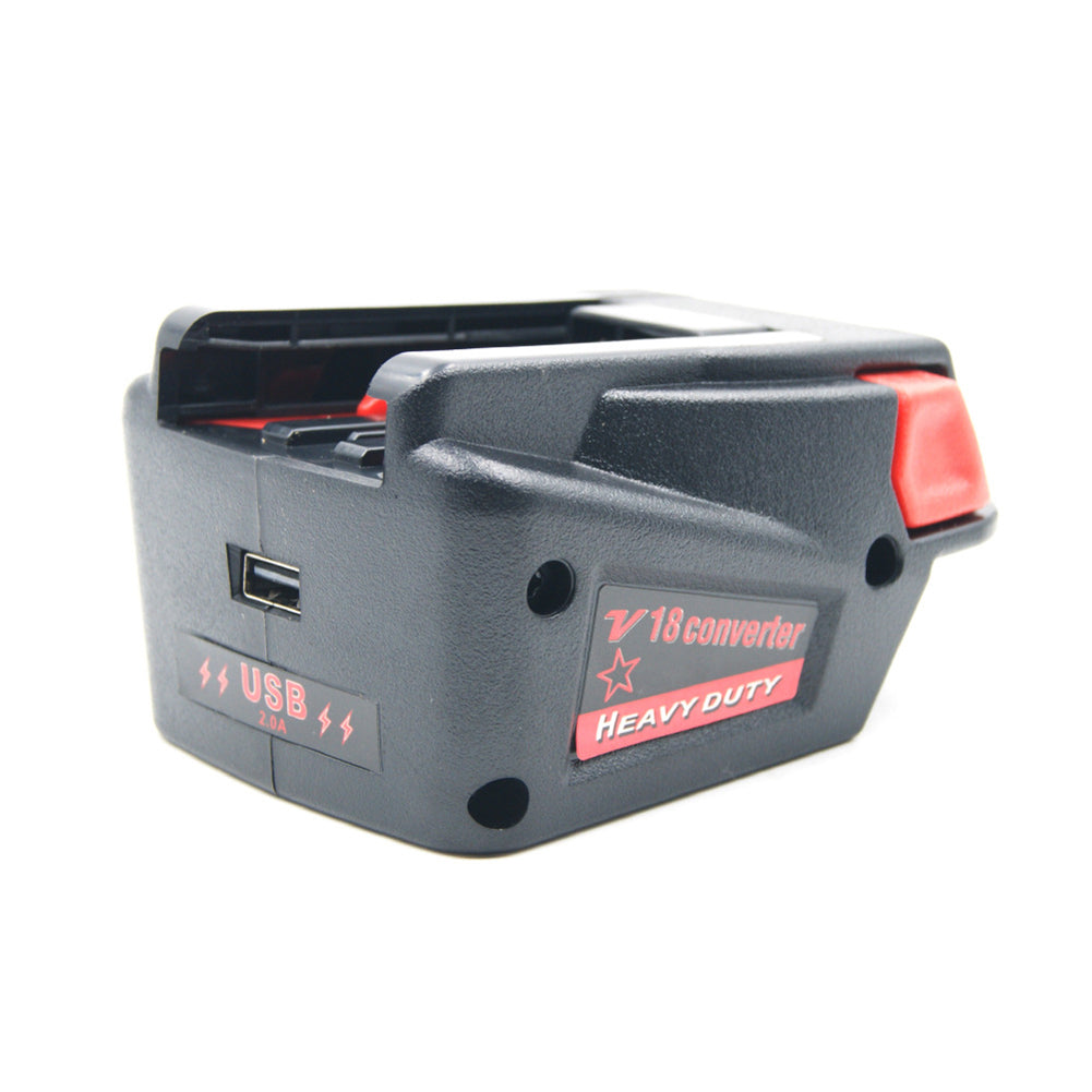 Milwaukee M18 to Milwaukee V18 Ni-Cd battery adapter - three-quarter view of the label side, tool-side rail above