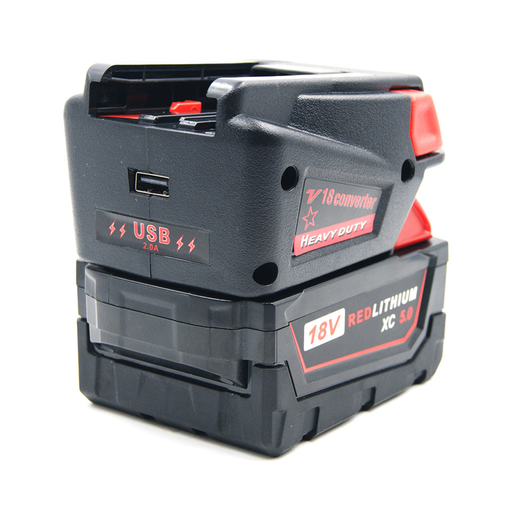 Milwaukee M18 to Milwaukee V18 Ni-Cd battery adapter - fitted to the Milwaukee M18 battery, label side of the shell in view